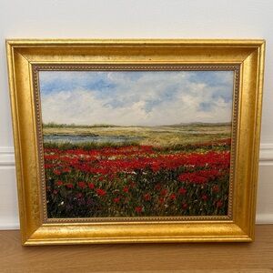 Golden Framed Landscape Art with Red and Green Accents by Carlos Rioz